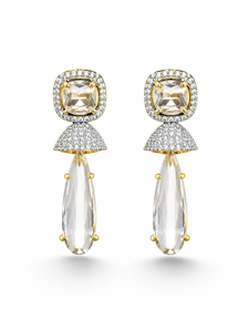 Boucles d'oreilles pendantes Elvora Gems classiques plaquées or 9 carats avec imitation perle et cristaux sertis clos, coupe princesse, forme goutte d'eau, tendance - Product Image 4