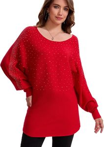 Pull en tricot surdimensionné rouge pour femme avec motif à pois pailletés, manches chauve-souris, col rond, haut long d'hiver - Product Image 4