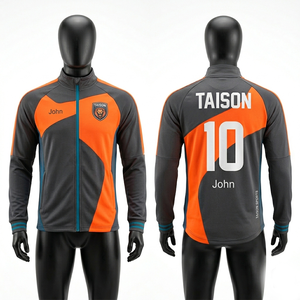 Mens Soccer <b>Jacket</b> Premium 220 GSM Polyester Interlock Breathable Fabric <b>Grey</b> Green Blue Panel Design Full Zip Custom Logo - Product Image 2