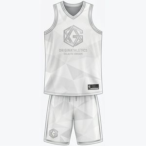 Customized Origin <b>Athletics</b> Basketball Jersey Set White Geometric Print V-Neck Sleeveless Moisture Wicking Unisex Adult Uniform - Product Image 1