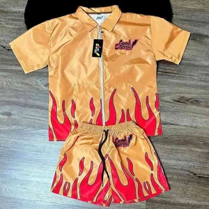 Luxury <b>Flame</b> Print Nylon Short Set Men Summer Tracksuit Zip Up <b>Shirt</b> Beach Outfit Hip Hop Streetwear Vintage Graphics Nylon Set - Product Image 1