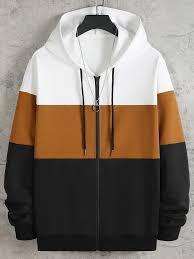 Three-Tone Color-Block <b>Zip</b> Hoodie – Mustard, Charcoal & <b>White</b> Wholesale Men’s Full-<b>Zip</b> Sweatshirt – Contrast Panel Streetwear - Product Image 3