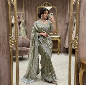 Sari en satin de soie avec broderie de designer à sequins et fils multiples, travail Zari, et chemisier brodé entièrement cousu - Product Image 2