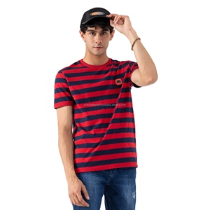 Camiseta a rayas rojas y negras para hombre, camisa de cuello redondo de manga corta, algodón con patrón sólido, 2021 algodón, con estampado Regular Fit para verano, novedad de 100% - Product Image 1