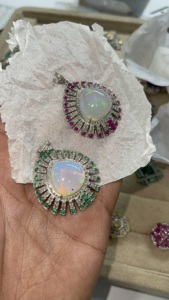 Natural Opal <b>Emerald</b> Ruby & Diamond Silver <b>Pendant</b> 92.5 Sterling Silver - Product Image 3