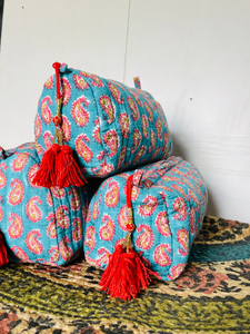 Set Of 3 Cotton Quilted Makeup Bag & Organizer, Cotton Toiletry <b>Case</b>, Travel Bag, Indian Block Print Makeup - Product Image 2