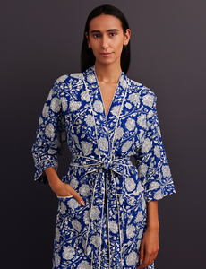 Kimono largo de algodón tejido a mano con estampado de bloques y cuello en V, bata de dama de honor, ropa de playa de secado rápido con mangas largas - Product Image 1