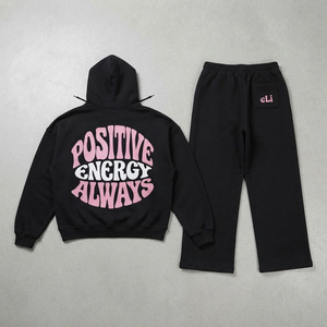 Conjuntos de sudaderas con capucha de lujo estilo streetwear con estampado gráfico personalizado en la espalda, corte holgado y extragrande, de tela de algodón de alto gramaje, y pantalones de chándal a juego de pierna ancha. - Product Image 5