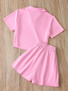 Women Orange Two-Piece Sporty Set Short Sleeve Polo Collar Crop Top High Waist Shorts Solid Color Quick Dry Eco-Friendly Knitted - Product Image 3