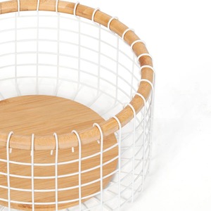 Panier de rangement moderne en fil métallique, forme ronde, porte-fruits, en métal blanc avec bord en bois, empilable, pour un rangement soigné, en provenance d'Inde - Product Image 6