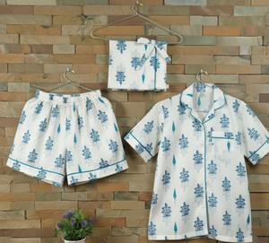 Ensemble de pyjama pour femmes en coton 100% tissé thermique avec imprimé floral dessiné à la main, vêtements de maison, vêtements de nuit, shorts - Product Image 2