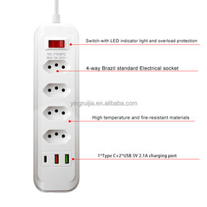 Fabrika toptan 4 yollu brezilya güç şeridi, USB A + USB C şarj cihazı ile 4 çıkışları, aşırı yük koruması ile uzatma güç soketi - Product Image 4