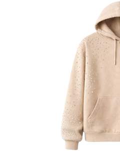 Sweat à capuche beige en strass, coupe oversize, molleton épais, avec poche kangourou, personnalisable, streetwear, fabricant de sweats à capuche pour hommes - Product Image 2