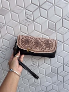 High Quality 2026 Hand <b>Tooled</b> Carving <b>Leather</b> Clutch Stylish Hair On Hide Multi Uses Western Women's Wrist Wallets - Product Image 3