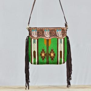 Bolso de Hombro Bohemio de Cuero Genuino con Patrón Geométrico y Decoración de Borlas, Correa Única, para Uso Diario en Todas las Estaciones - Product Image 1