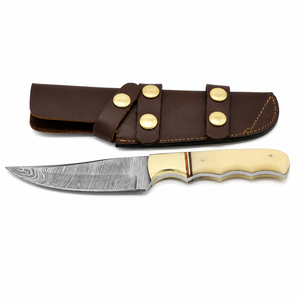 Cuchillo de Caza de Acero de Damasco, Hoja de Punta Caída, Borde Recto, Mango de Madera, Funda de Cuero, Cuchillo de Supervivencia para Exteriores - Product Image 1