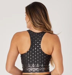 Soutien-gorge de sport pour femme, dos nageur, col ras du cou, imprimé noir, maintien moyen, respirant, en Spandex et Polyester, pour le yoga et les activités sportives - Product Image 6