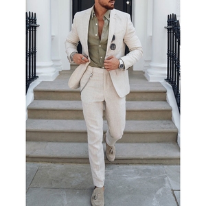 Traje de Verano para Hombre, Talla Grande, Estilo Informal, de Poliéster/Algodón, de Una Sola Fila y Un Botón, Color Sólido, Transpirable, Conjunto de 2 Piezas, a la Moda - Product Image 3