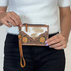 Portefeuille Western pour femme en cuir de vachette véritable, fait main, avec motifs floraux, pochette zippée, porte-monnaie et porte-cartes de crédit/ATM - Product Image 2
