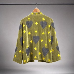 Playful Contrasting Color Green <b>Velvet</b> Heart Statement Embroidered Jacket Boho Folk Art Suzani Coat Artistic Look Winter <b>Blazer</b> - Product Image 5