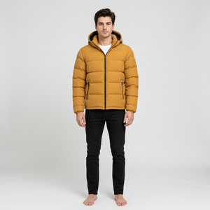 Men's Mustard <b>Yellow</b> Hooded <b>Puffer</b> <b>Jacket</b> Zipper Closure Windproof Thick Polyester Wadding Casual Winter Coat Regular Fit - Product Image 1