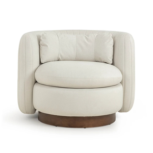 Fauteuil d'appoint pivotant moderne en tissu crème avec accoudoirs à détails cannelés, design tonneau et base ronde en bois pour salon - Product Image 6