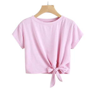T-shirt décontracté d'été pour femme à manches courtes en coton tricoté et fibre de bambou, dos croisé, noué devant, tie-dye, coupe ample, couleur unie - Product Image 2