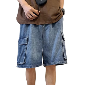 Shorts cargo en denim délavé pour homme, taille mi-haute, fermeture élastique, style décontracté avec poches, tissu en toile 100% coton - Product Image 1