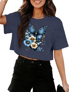Women Fashion Crop <b>Top</b> Crew Neck Graphic Tee Short Sleeve Shirt Wholesale Supplier - Product Image 5
