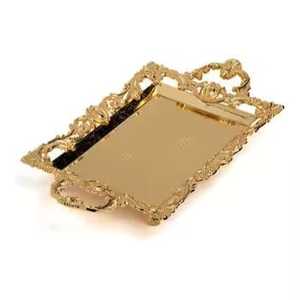 Antique Silver Footed Serving Tray Embossed Metal Rectangle Tea Platter with Handles <b>for</b> Luxury <b>Dining</b> Tableware Home - Product Image 5