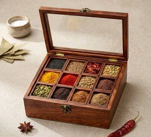 Wood Spice <b>Box</b> Organizer 12 Compartments Handmade Rustic Kitchen <b>Herb</b> Storage Container Durable Natural Wood Masala Spice Tools - Product Image 1
