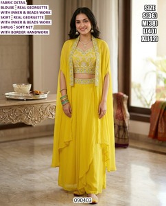 Salwar Kameez jaune en Georgette véritable avec broderies de perles et dupatta en tulle doux, longueur ras du sol, tenue traditionnelle pour femme 090403 - Product Image 1