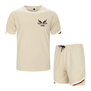 Ensemble T-shirt et short beige pour homme Ekin Impex, col rond, séchage rapide, style streetwear, tissu tricoté avec logo imprimé, ensemble pour l'été - Product Image 1