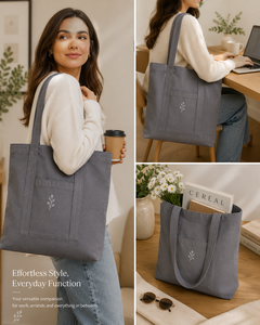Minimalist Gray Cotton Tote <b>Bag</b> With Embroidery Front Pocket Shoulder Strap Open Top - Product Image 4