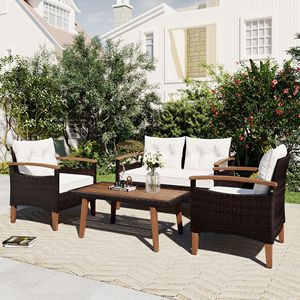 Set di Mobili da Giardino GO in 4 Pezzi, Divano in Rattan PE Marrone e Beige con Tavolo in Legno e Gambe, Set da Esterno per Patio - Product Image 2