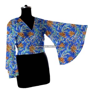 Vestido de algodón con lazo envolvente para mujer, conjunto de vestido con top envolvente de manga larga acampanada y cintura alta con estampado de bloques. - Product Image 6