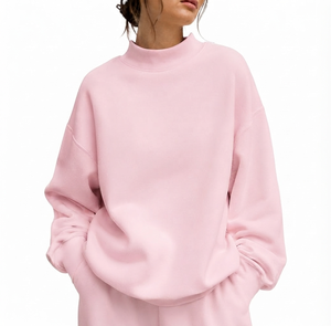 Sudadera Oversize de Cuello Alto para Mujer, Color Rosa Sólido, Hombros Caídos, Tejido de Algodón, Estilo Casual Urbano para Otoño - Product Image 1