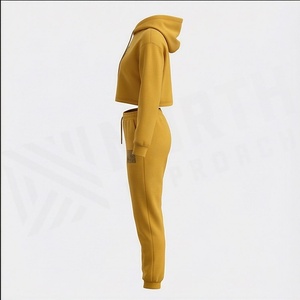 Conjunto de Sudadera con Capucha de 2 Piezas para Mujer, Amarillo Mostaza, Estampado Geométrico, Pantalones Deportivos Largos de Punto Casual y Top Corto, Corte Regular - Product Image 3