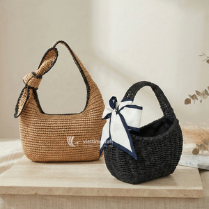 Handmade Straw Bag, Artisanal Crochet Paper Straw Tote, <b>Shoulder</b> Bag & Hobo Bag with Leather <b>Straps</b> & Ribbon Accents - Product Image 4