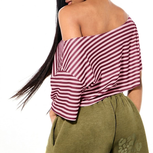 Top Corto de Verano Vintage a Rayas para Mujer Tallas Grandes, con Hombros Descubiertos, Transpirable, de Spandex/Poliéster, Ajuste Holgado, con un Hombro Descubierto - Product Image 2