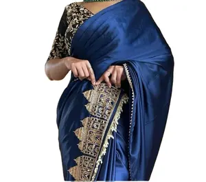 印度高级重型黑色兰戈利丝绸铆钉纱丽和邦洛里丝绸纱丽批发商