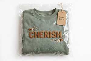 Sweat-shirt en molleton à col rond pour femme, vert sauge, avec broderie 3D de la lettre Cherish, manches classiques, anti-boulochage, haut décontracté - Product Image 6