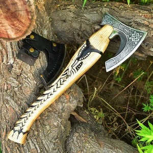 Handmade Industrial Viking Bearded <b>Axe</b> Engraved Carbon Steel Head Carved Ash <b>Wood</b> Handle Full Tang Bushcraft Hatchet DIY - Product Image 5