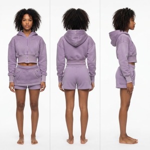 Women's Pink <b>Velvet</b> Zip Up Hoodie And <b>Shorts</b> 2 Piece Set Casual Long Sleeve Tracksuit - Product Image 5