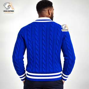 Phi Beta Sigma <b>Men's</b> Royal Blue Cable Knit V-Neck Sweater Embroidered Crest Front <b>Cardigan</b> Winter Wear Breathable Lightweight - Product Image 2