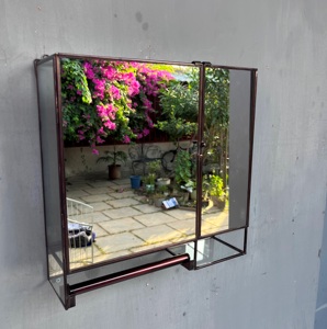 ARTISAN DESIGN Brass Metal Hanging Wall Shelf Decorative Glass mirror Display <b>Case</b> <b>Vanity</b> Makeup Jewelry brown finish - Product Image 2