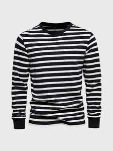 เสื้อยืดแขนยาวคอกลมลายทางสีเขียวขาวสำหรับผู้ชาย |   เสื้อยืดลำลองมีสไตล์สวมใส่สบายสำหรับใส่ในชีวิตประจำวันขนาดพลัสไซส์ - Product Image 5