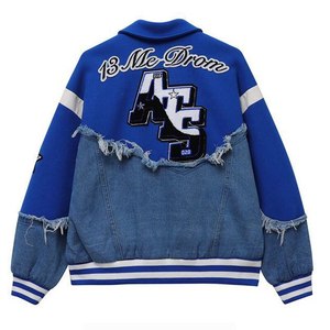 Chaqueta Varsity Sta Rmd Azul con Parches de Mezclilla, Estilo Preppy con Bordes Deshilachados, para Hombre, Cuello Camisero, Ropa de Otoño - Product Image 4
