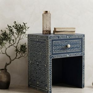 Modern Bone Inlay Nightstand <b>Side</b> <b>Table</b> Cabinet Blue and White Bedside <b>Storage</b> Drawer for Living Room - Product Image 2