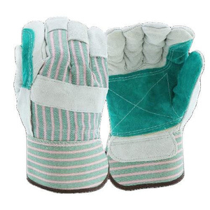 Guantes de Trabajo de Cuero Vacuno de Primera Calidad con Palma Reforzada Verde y Dorso de Lona a Rayas, Guantes de Seguridad Industriales Resistentes - Product Image 1